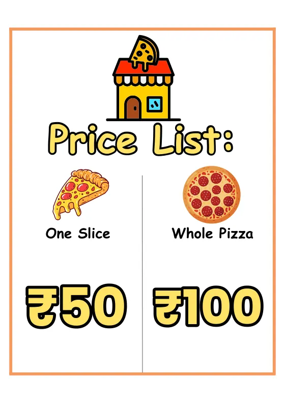 Pizza shop price list with ₹50 and ₹100 prices