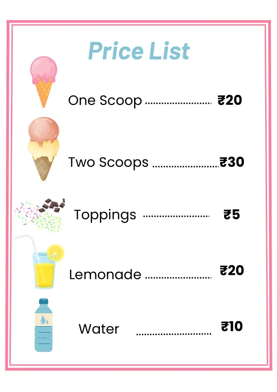 Ice cream shop price list in rupees